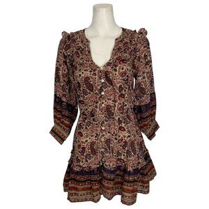 Cleobella Reign Mini Dress XS Laurel Block Print Ruffle Pockets V-Neck Western